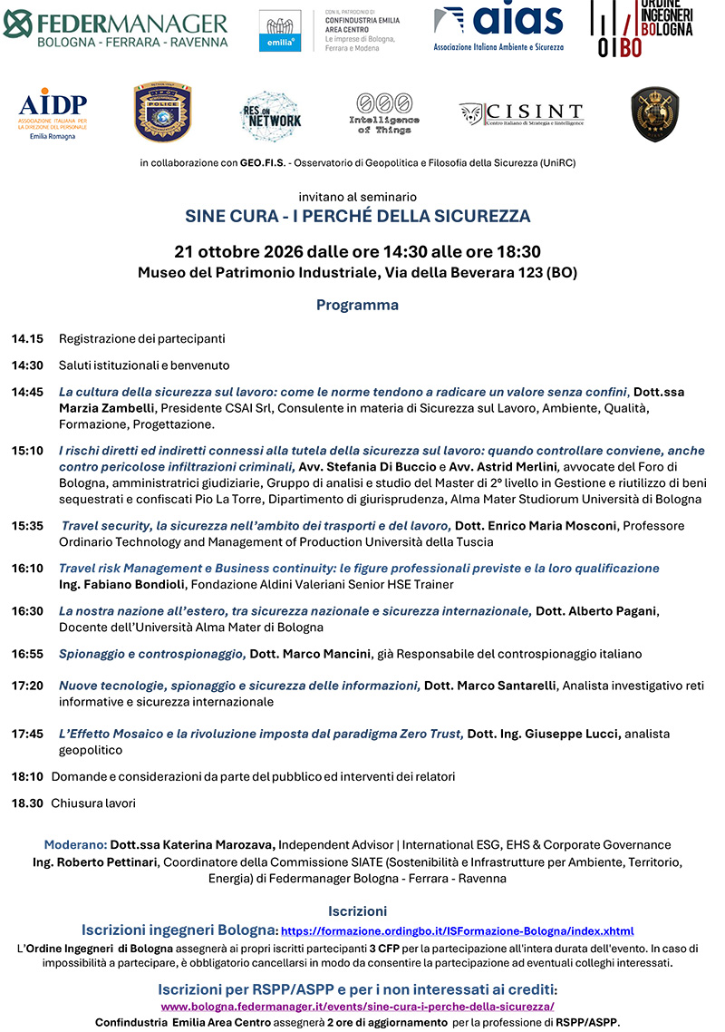 Terzo incontro Sine Cura: i perché della sicurezza a Bologna tra Safety, Intelligence e Cyber Security